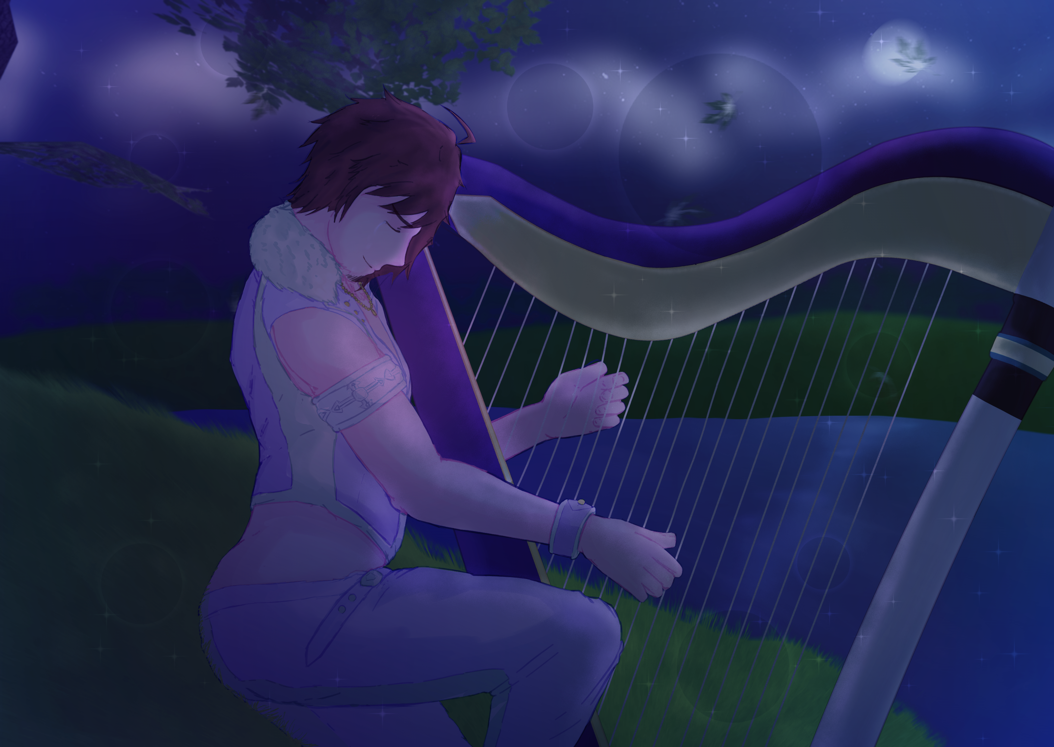An illustration of Teru Tendo, at night, playing the harp. He is in his in Idol Debut Card outfit! This was made in February 2022, before joining my art school. man! time flies.