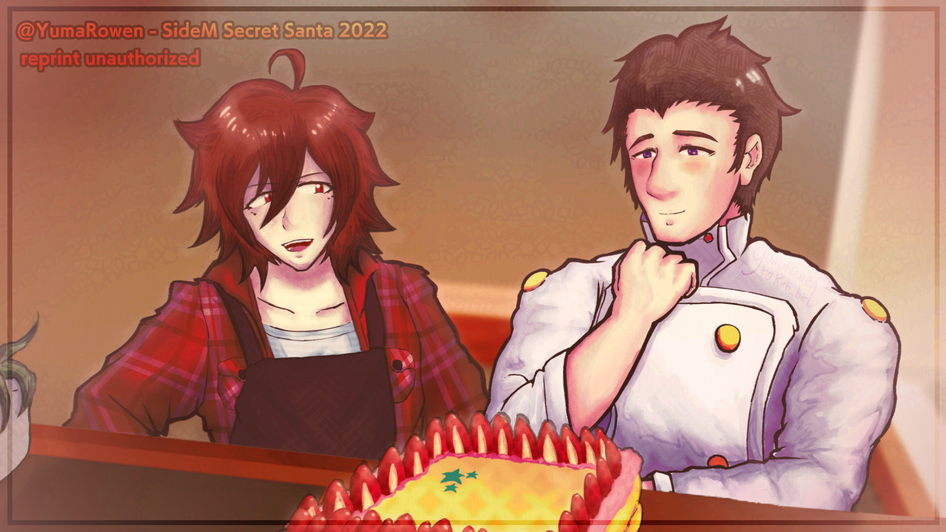 SideM Secret Santa 2022 Art; featuring Seiji Shingen and Touma Amagase looking at a cake they baked together.