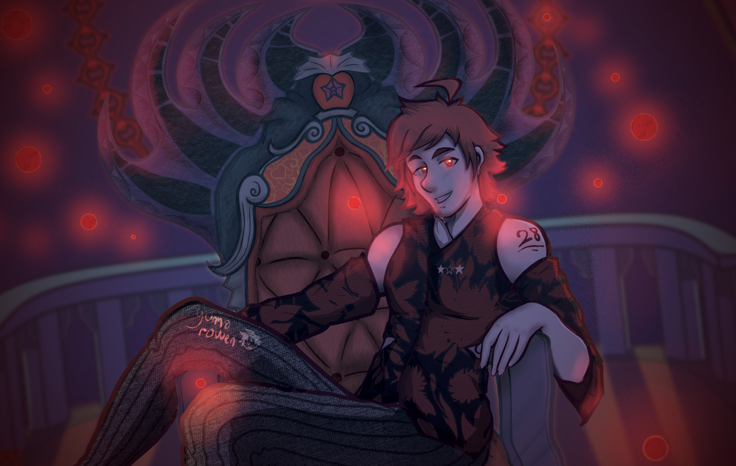 An illustration of Teru Tendo, with some dark lighting; sitting on a throne, looking at the viewer seductively or in a threatening fashion. This was produced as Photoshop and Shading practice.
