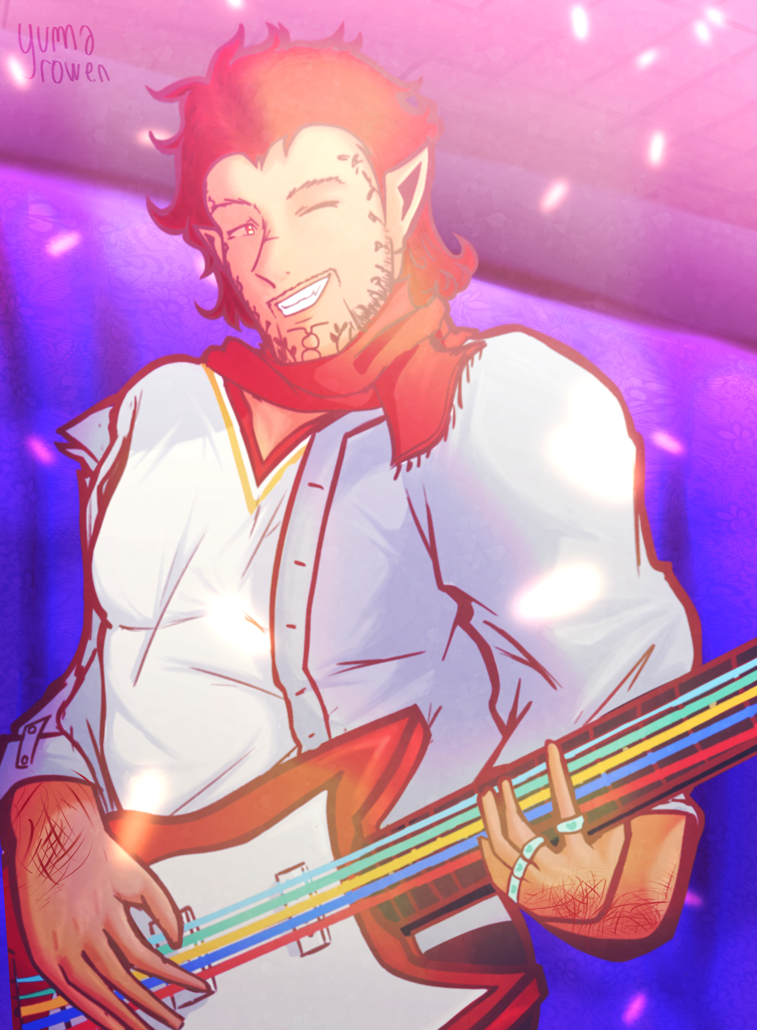 An illustration of Esen, yumarowen's Baldur's Gate 3 character; wearing Kaito's Holiday Module from Project Diva. He's playing the guitar, which has 5 strings; all colored to Idolm@ster's branches colors.