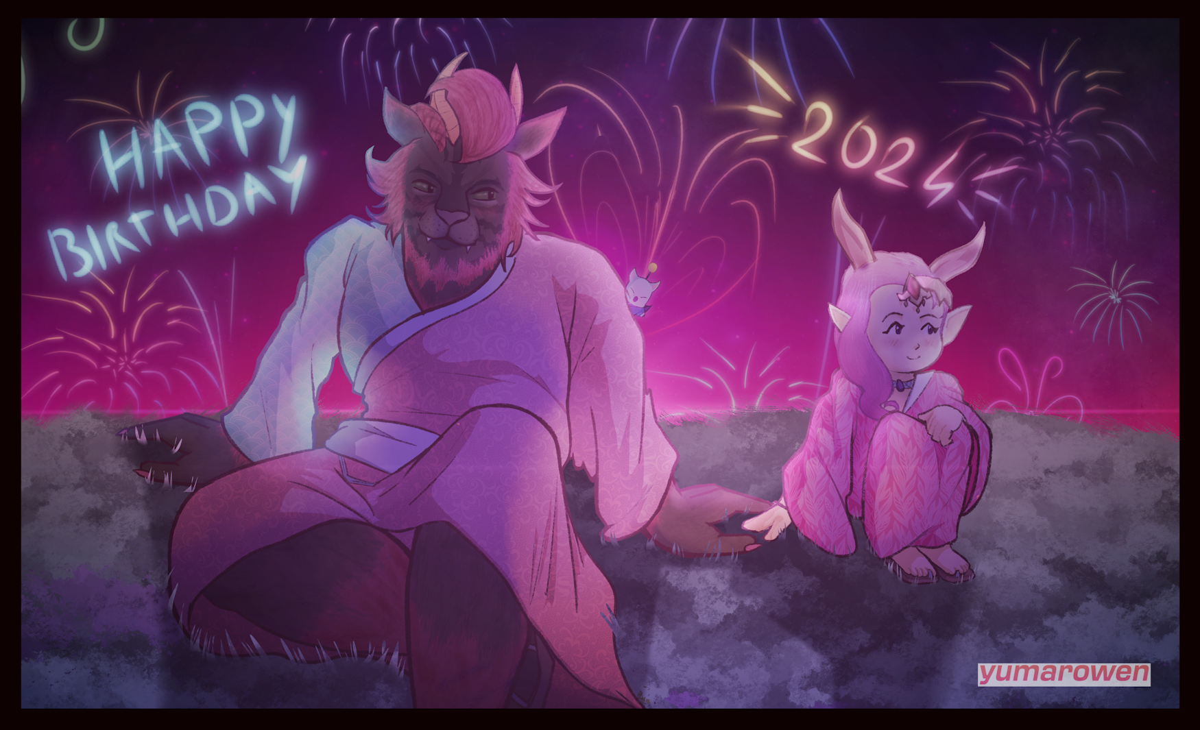 Drawing of a relative and his boyfriend's FFXIV characters celebrating the New Year 2024! DO NOT REUSE.