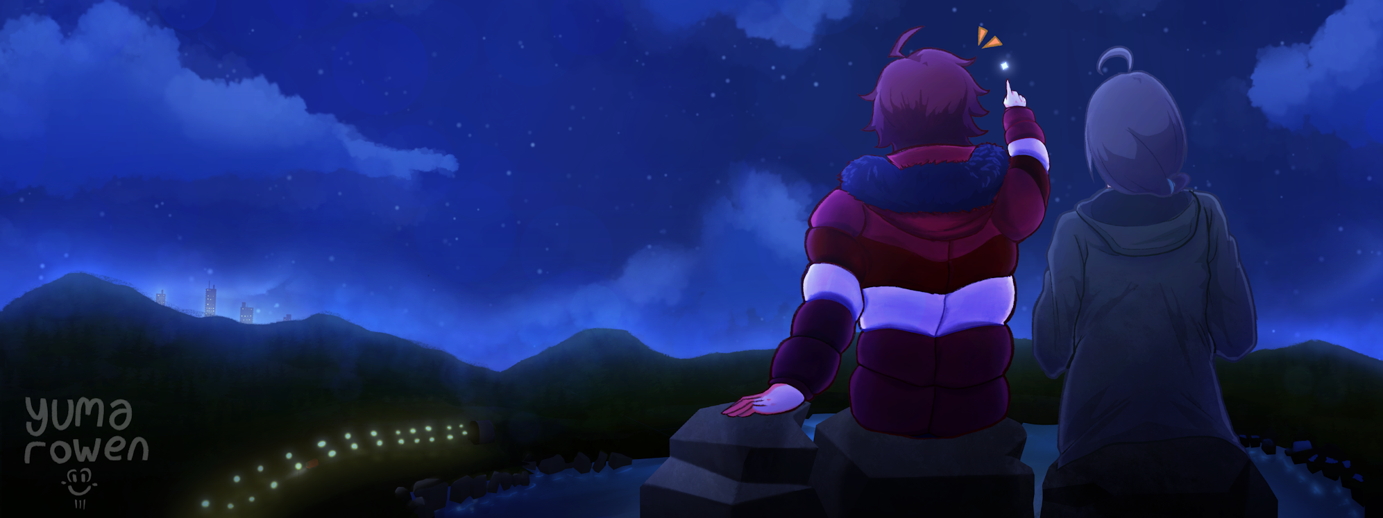 Commission for Burbur! Discord Banner representing Teru and Producing hanging out at night! One star in particular is very bright! Is it The First Star? DO NOT REUSE.